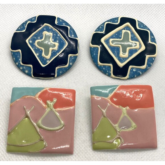 Vintage Lot of 2 Pairs Earrings‎ Pierced Bold Statement Hand Painted Large - Picture 1 of 6